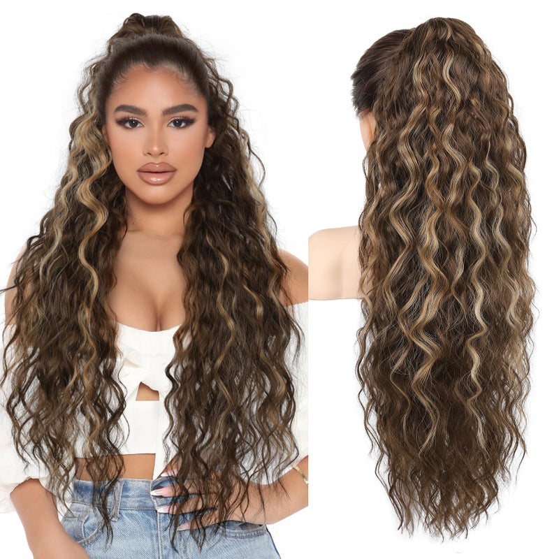 REECHO Ponytail Extension 30 Long Claw Clip Ponytail Extension Curly Wavy Pony Tails Hair Extensions Clip in Synthetic Hairpiece for Women Chocolate Brown with Highlights